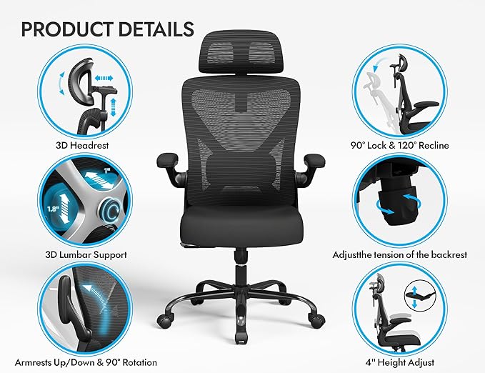 Ergonomic Office Chair: Mesh Desk Chair Comfy with Headrest& Lumbar Support | Ergalithic Big and Tall Office Chairs with Wheels & Flip-Up Arms-Computer Gaming Chairs for Adults Home Office Chairs(Black)