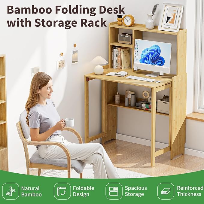 Bamboo Folding Desk for Small Spaces with Storage, Mid Century Foldable Desk with Bookshelf, Small Desks with Storage for Home Office Bedroom, Natural