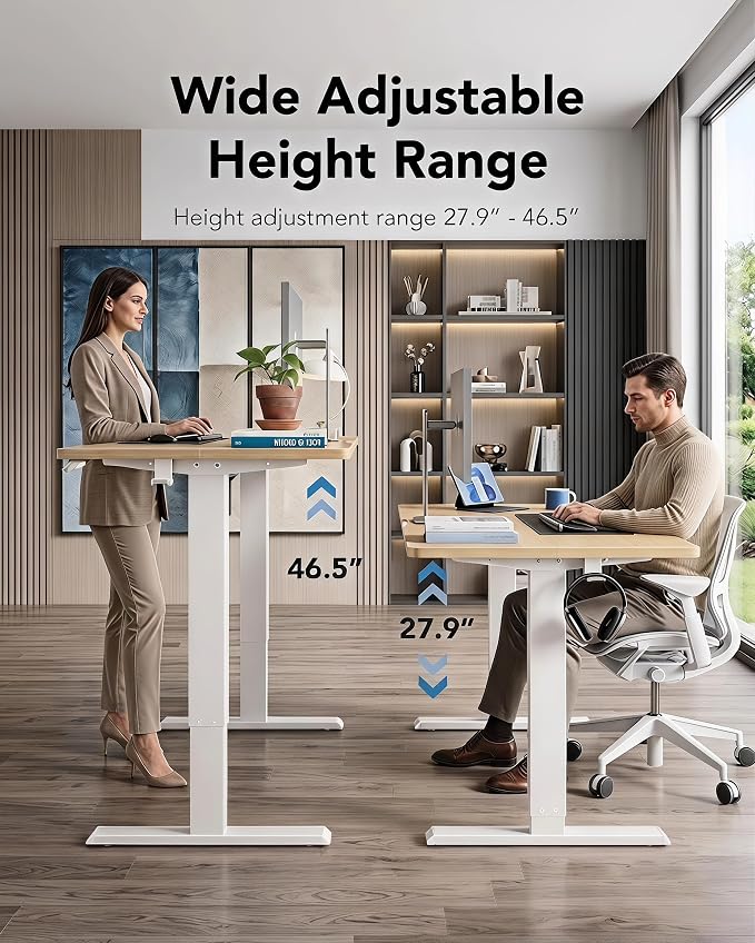 HUANUO 55 x 28 Inch Electric Standing Desk, Height Adjustable Computer Gaming Desk with 4 Memory Presets, Home Office Sit Stand Desk with Hooks & Cable Management, Natural
