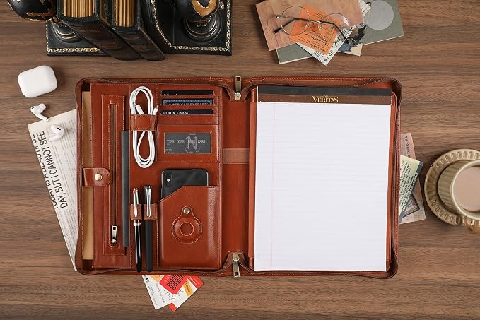 Leather Portfolio for 13-in iPad Pro M4/M5 & 13-in iPad Air M2/M3, Leather Padtfolio with ipad Holder for Letter Size Notepad, Personalized Padfolio for Men - Oil Brown