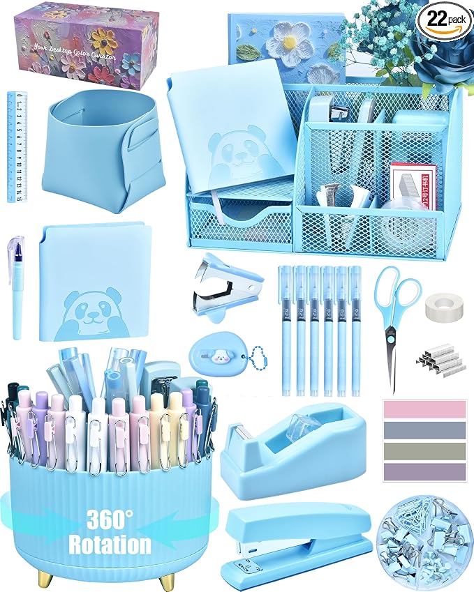 Blue Desk Accessories and Organizers with Desk Organizer and 360°Rotating Pen Holder stapler Pen and a Lot of Office Blue Office Supplies Beautifully Presented in a Gift Box