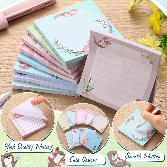 9 Pads Cute Sticky Notes Cartoon Self Stick Notepads 3x3 Inches Notes Adhesive Memo Pad Office Decor Gifts for Students School Teacher Office Meeting(Otter)
