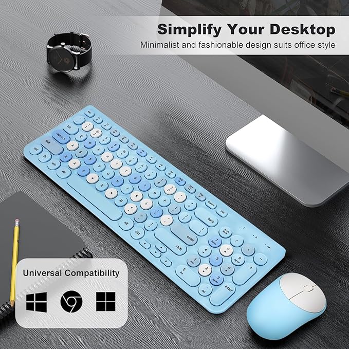 Wireless Keyboard and Mouse Combo, Retro Typewriter Keyboard with Round Keycaps, 2.4GHz USB Cute Wireless Keyboard Mouse for Computer, Desktop, Laptop (Blue Colorful)