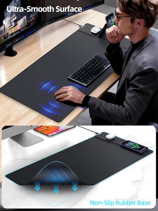 Mouse Pad with Magnetic Wireless Charger & Adjustable Phone Stand | 31.5"x15.8" Full Desk Coverage Mousepad, Waterproof Ultra-Smooth Desk Mat, Non-Slip Base, Black