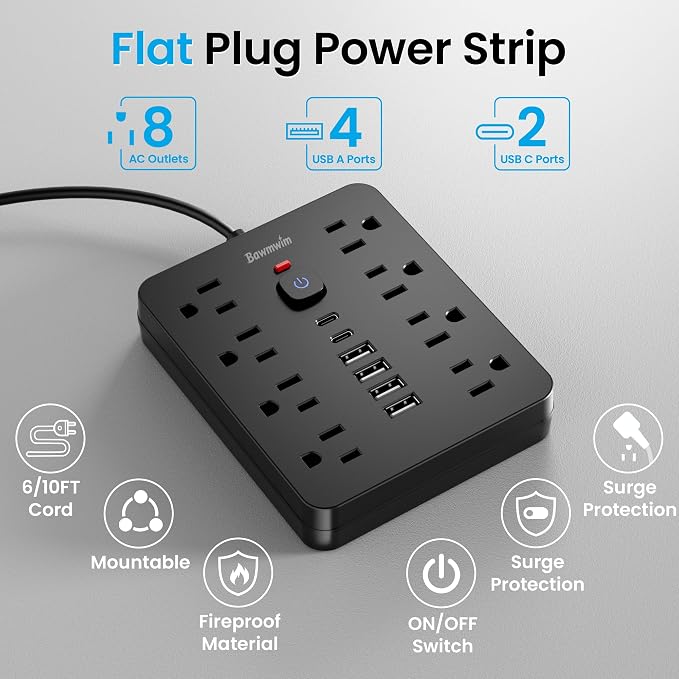 Surge Protector Power Strip, 8 Outlets(1850W/15A/14AWG), 6 USB Charging Ports(2 USB C), 15FT Flat Plug Extension Cord Outlet Extender with Overload Protection, ETL Certified for Office