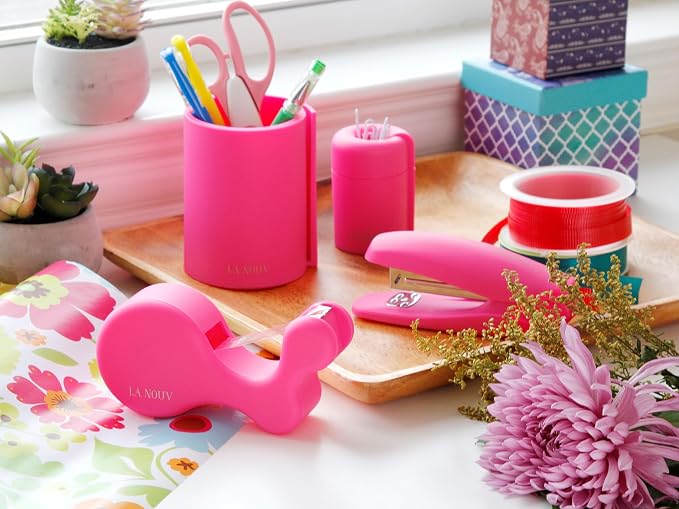 Hot Pink Pen Holder for Desk, 4x3 Inch | Modern Makeup Brush Holder, Desk Accessories, Desk Organizer & Decor, For Women Office, Multiple Colors Available