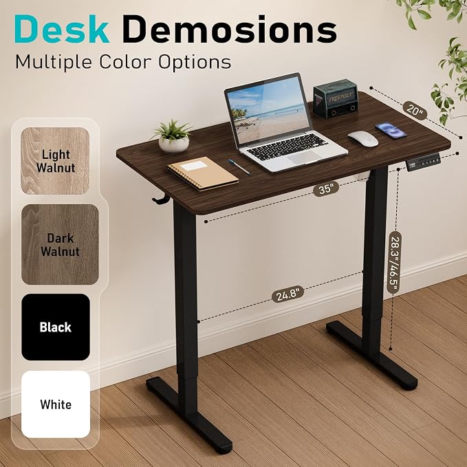 35" Electric Standing Desk, Small Sit Stand up Desk, Dark Walnut | Height Adjustable Computer Desk for Home Office, Compact Work & Gaming Desk with Cable Management and Stable Steel Frame