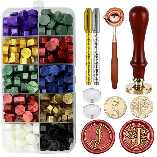 Letter Wax Seal Stamp Kit, Andotopee Wax Seal Kit Initial Alphabet J Sealing Wax Stamp Head 2pcs, Vintage Monogram Wax Stamp Seal Kit with 200pcs Assorted Wax Seal Beads, Wax Seal Spoon, Wax Seal Pen