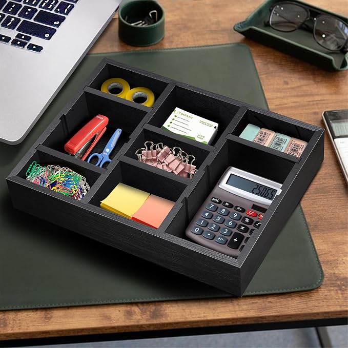 Wooden Desk Drawer Organizer | 9-Slot Desktop Tray | Adjustable Drawer Storage Box for Pens, Keys, Watch, Sticky Notes | Farmhouse Home&Office Decor
