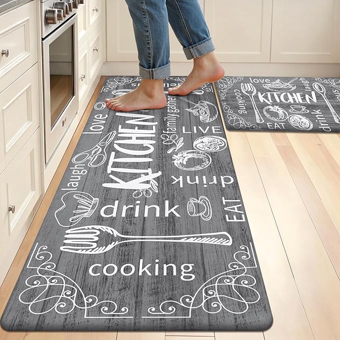 HEBE Kitchen Rugs Set of 2, Cushioned Anti Fatigue Kitchen Mats for Floor, Non Slip Waterproof Comfort Standing Desk Mat Carpet for Sink, Stove, Laundry Room, Gray