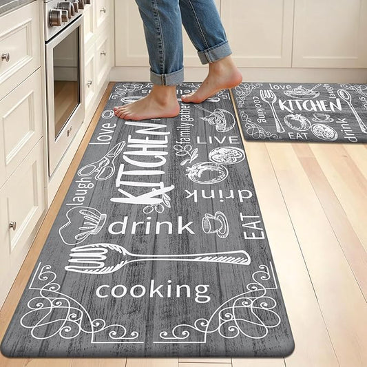 HEBE Kitchen Rugs Set of 2, Cushioned Anti Fatigue Kitchen Mats for Floor, Non Slip Waterproof Comfort Standing Desk Mat Carpet for Sink, Stove, Laundry Room, Gray