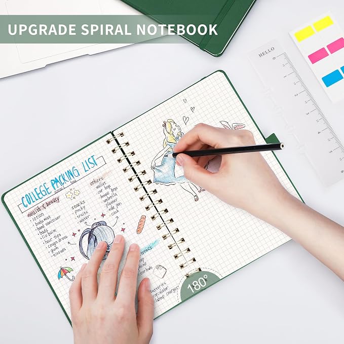 AHGXG Graph Paper Notebook - Spiral Notebook Hardcover Leather Journal 140 Pages, A5 Grid Paper Notebook 5.7" x 8.3", 100 gsm Thick Paper, for School Writing Graphing Engineering, Green