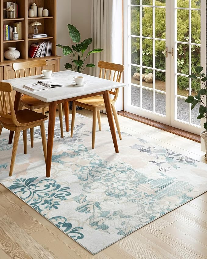 Macgace Washable Abstract Rug, 4x6 Ivory and Aqua Floral Area Rugs with Non-Slip Rubber Backed for Bedroom, Low Pile Modern Throw Carpet Kitchen Living Room Decor