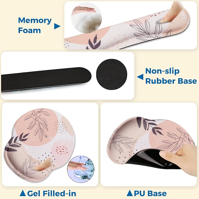 Mouse Pad and Keyboard Wrist Rest Support, with Non-Slip PU Base,Gel Mouse Pad with Coaster,Pain Relief for Gaming, Computer,Office -Boho Leaves