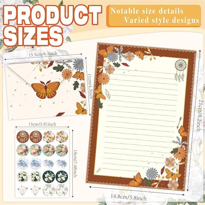 Vintage Rose Stationery Set, 5 Styles Letter Kit with 25 Envelopes, 25 Lined Paper, 2 Sheets Stickers (40pcs), Floral Stationery for Pen Pal, Invitations, 90 Pcs Total