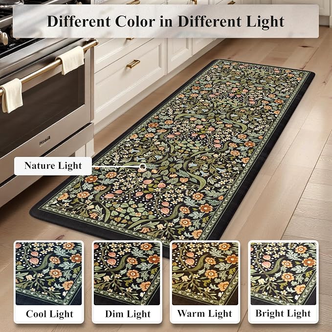 Collive Kitchen Mats for Floor 2PCS, Cushioned Anti Fatigue Mat Non Slip Waterproof Kitchen Sink Rugs, Washable Vintage Spring Floral Rug Comfort Standing Mat for Laundry, Desk, Bar, Office, Black