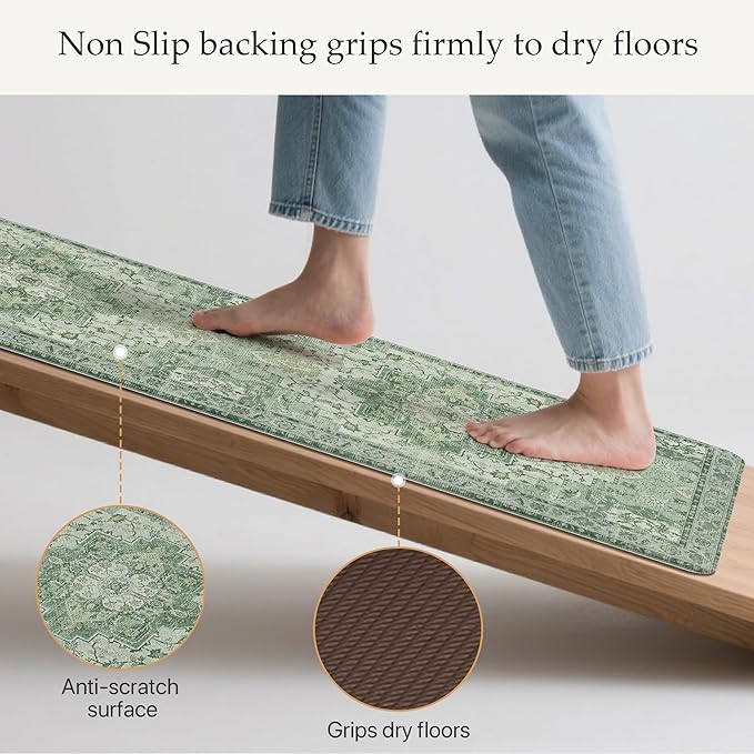 GENIMO Kitchen Mats for Floor 2PCs, Washable Anti Fatigue Mat for Cushioned, 17.3"x59"+17.3"x30", Waterproof Kitchen Rugs, Non Slip Comfort Standing Mat Rug for Home, Sink, Laundry, Light Green