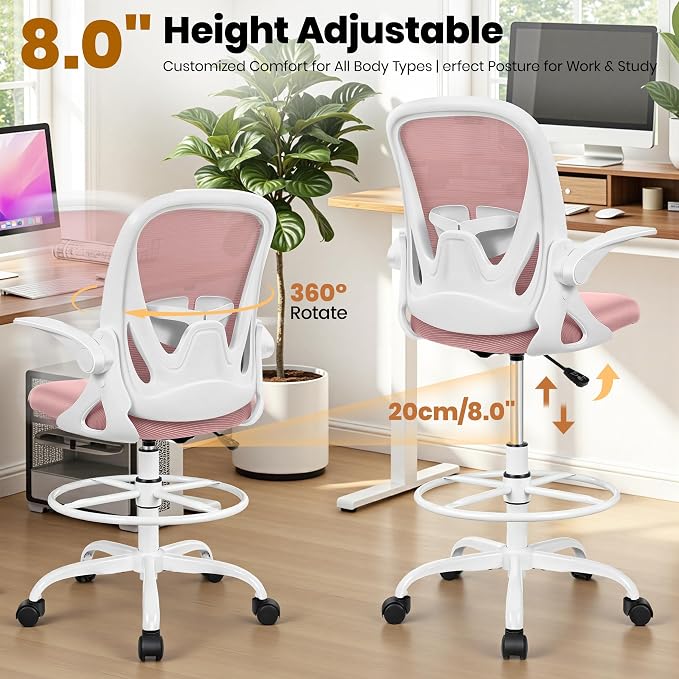 Primy Drafting Chair Tall Office Chair with Flip-up Armrests Executive Ergonomic Computer Standing Desk Chair with Lumbar Support and Adjustable Footrest Ring (Rose Quartz)
