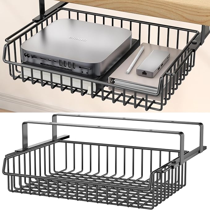 ENONCI Under Desk Drawer Slide Out No Drill Metal Storage Cabinet | Shelf Storage Basket Cabinet, Under Table Drawer Organizer for Office, Home, Workspace, Cabinet