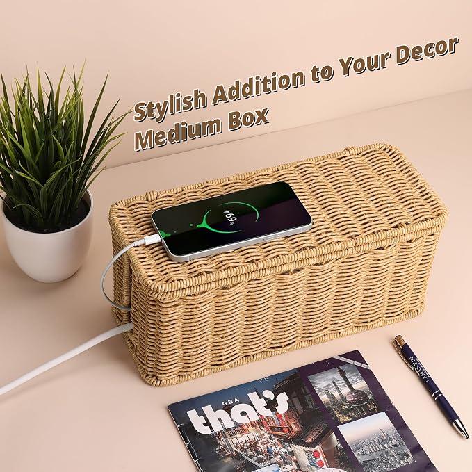 ZhiYo Rattan Cable Management Box, Brown Cord Organizer, 12.5" x 5" x 5.2" | Handwoven imitation rattan cord hider box conceals power strips and cables for a clean desk or floor setup