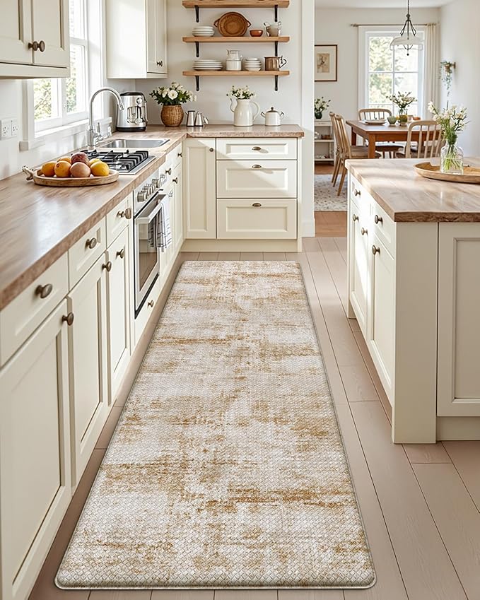 DEXI Kitchen Mats Cushioned Anti Fatigue, 23x59 Floor Padded Runner Rug Non Slip, Waterproof Standing Comfort Memory Foam for Front Sink Laundry, Light Brown