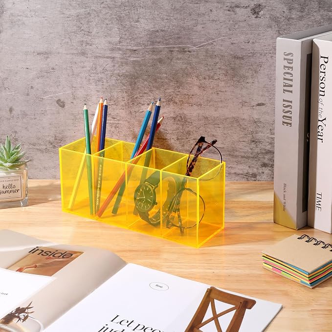 Pen Holder for Desk Neon Acrylic Pencil Holder Cup Makeup Brush Storage Organizer for Vanity, Neon Yellow
