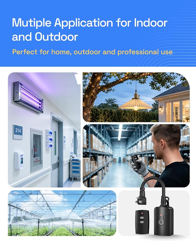HBN Outdoor Indoor Wireless Remote Control 3-Prong Outlet Weatherproof Heavy Duty 15 A Compact 1 Remote 3 Outlets with Remote 6-inch Cord 100ft Range ETL Listed (Battery Included)