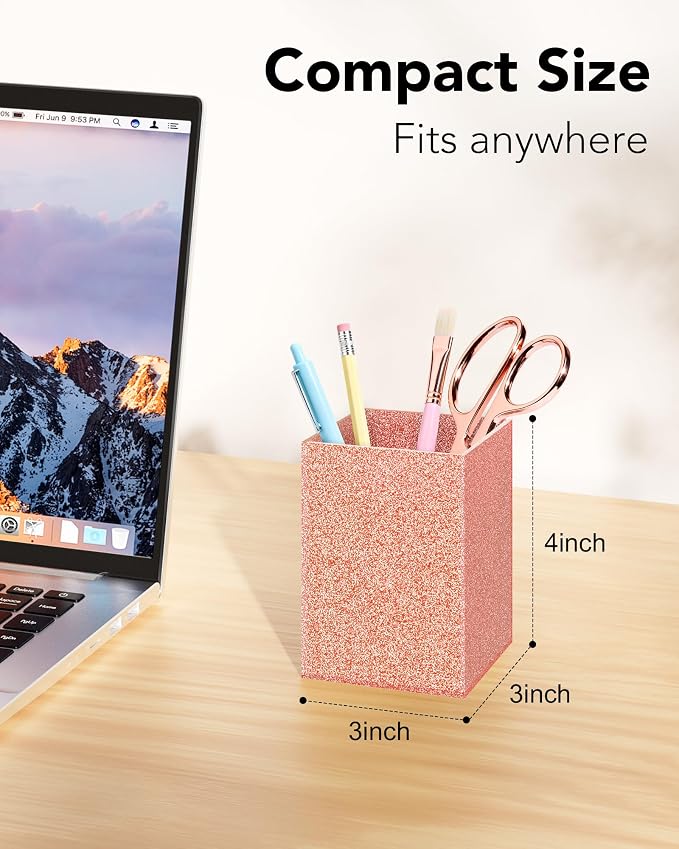 Acrylic Pen Holder Desk Organizer for Office, Light Pink Glitter | Sparkling glitter acrylic makeup brush and pencil holder for desk, Modern desktop organizer for home, school and office