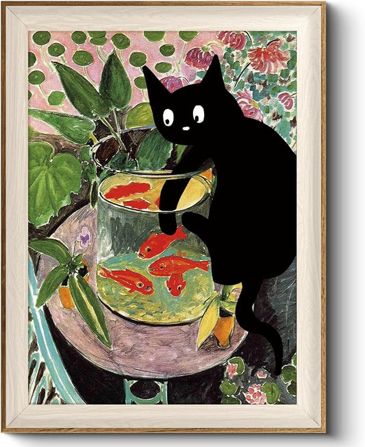 VIYYIEA Framed Wall Art for Living Room, Silly Cat Canvas Prints, Vintage Home Decor, Funny Painting Picture, Bathroom Wall Decor Gifts for Friends or Family - 16L x 12W