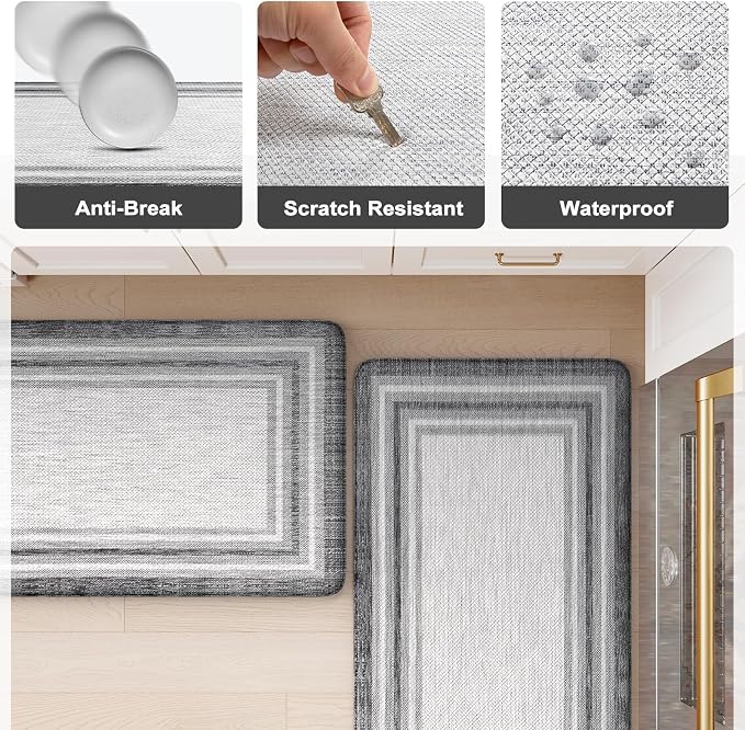 KIMODE Anti Fatigue Kitchen Mats for Floor 2 Piece, Cushioned Farmhouse Kitchen Rugs, Non Slip Kitchen Floor Mats, Comfort Foam Standing Desk Mats for Laundry Office Sink Grey 20"x71"+20"x32"