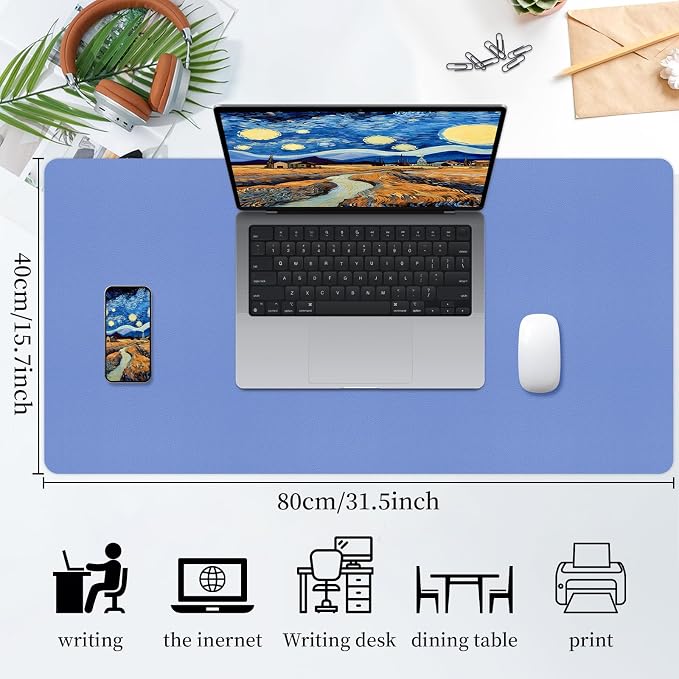 Bloss Blue Leather Desk Mat Protector,Leather Mouse Pad,Laptop Protector Desks Mat,Office Desks Mats,Keyboard Desks Mats,Computer Mat,Dual-Side Waterproof Desk Writing Pad for Office/Home.31.5"x 15.7"