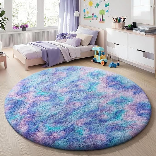 Ophanie Round Rugs 5Ft Tie-Dye Rainbow Purple Area Rug,Aesthetic Room Decor,Fluffy Fuzzy Bedroom Carpet,Plush Soft Shaggy Living Room Rugs for Kids Home,with Over 999 pcs Non-Slip Backing Pattern