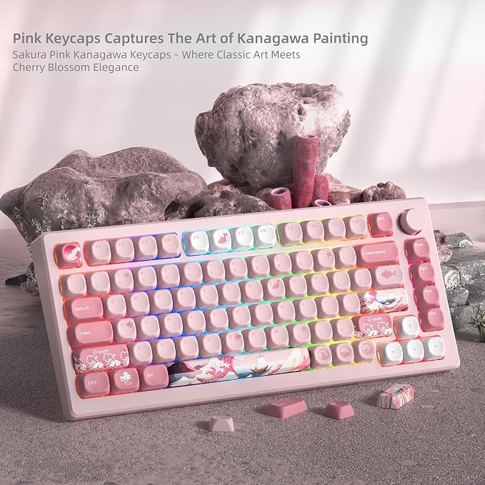 Womier Pink Cute Keycaps Kanagawa, PBT Keycaps for Mechanical Keyboard Dye-Sublimated Sakura Anime Theme, MOA Profile 126-Key Set for 60 65 75 100 Percent Keyboards