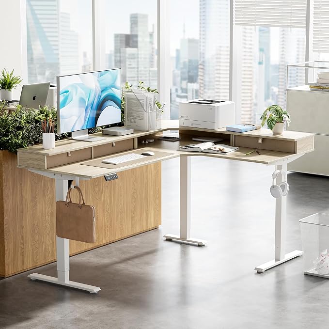 CubiCubi L Shaped Standing Desk with Drawers 63 x 48 Inch Adjustable Height, Electric Corner Desk with Storage, Sit Stand Home Office Desk with Splice Board, Light Walnut
