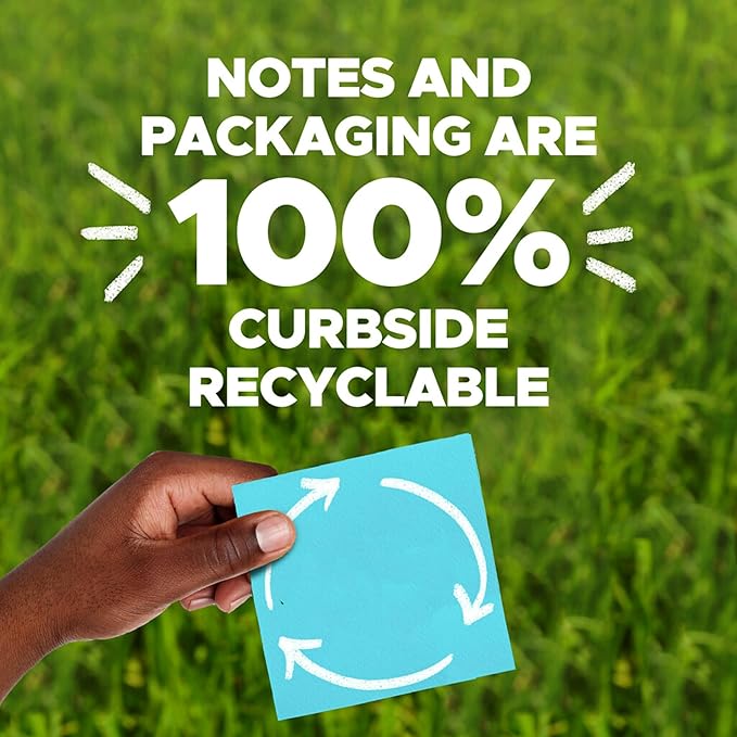 Post-it 100% Recycled Paper Super Sticky Notes, 2X The Sticking Power, 4x4 in, Lined, 3 Pads, 70 Sheets/Pad, Wanderlust Pastels Collection (675R-3SSNRP)