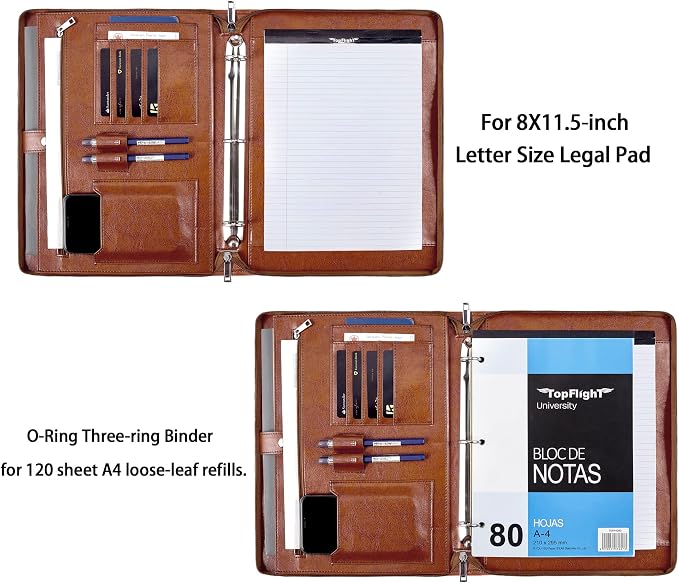 Vegan Leather Portfolio Binder, 3 Ring Binder Padfolio, Brown Leather Binder Portfolio with Zipper, Handmade Portfolio Oranizer, Personalized Portfolio Folder for Lefty & Righty (Brown, Non-Custom)