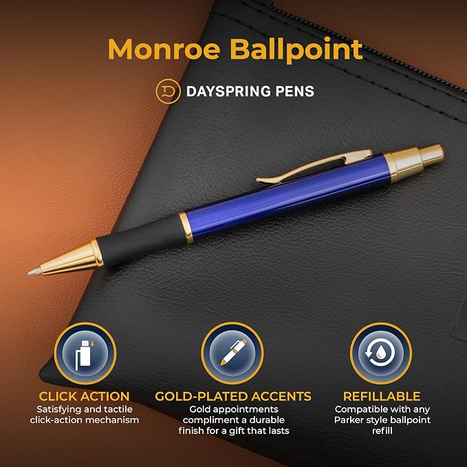 Dayspring Pens Monroe Blue Ballpoint Pen, Blue Lacquer with 18k Gold Trim, Click Action, All Metal, Medium Point Black Ink, Gift for Graduation, Birthdays, Career Advancement, Gift Box Included