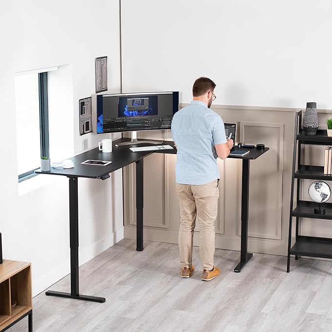 VIVO Corner Standing Desk, 75 x 63 inch Reversible L-Shaped Workstation, Electric Height Adjustment, Home, Office, and Reception Rooms, Black Table Top Black Frame, DESK-E3CTB-75