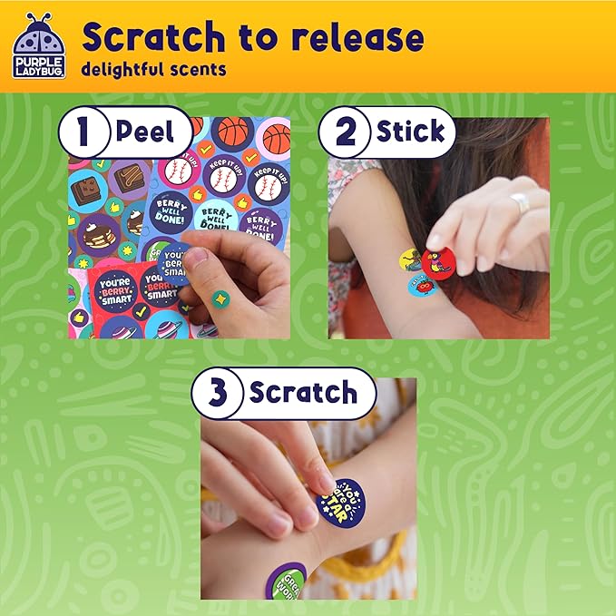 Purple Ladybug 1260 Variety Scratch and Sniff Stickers - Classroom Decor with 15 Unique Scents - Fun and Motivational Rewards for Kids and Teachers Must Haves, Smelly Sticker Back to School Gift