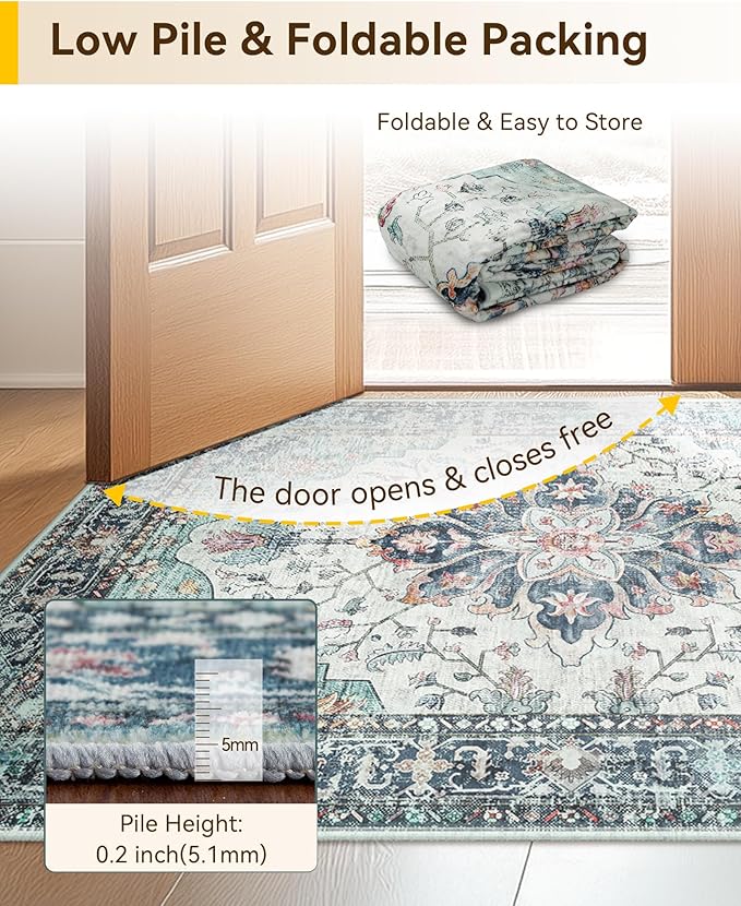 RELEANY Area Rugs Small 2'6"x4' Washable Non-Slip, Floral Vintage Distress Medallion Carpet for Kitchen Entryway Bathroom, Green Navy Blue White Red Teal
