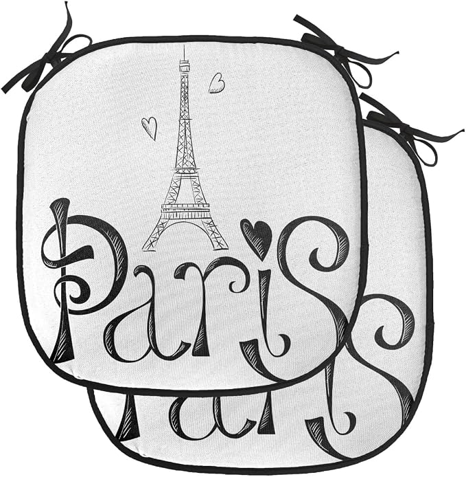Lunarable Paris Chair Cushion Pads Set of 2, Illustration Eiffel Tower France Heart Shapes Silhouette Vacation Theme Art, Anti-Slip Seat Padding for Kitchen & Patio, 16"x16", Black White