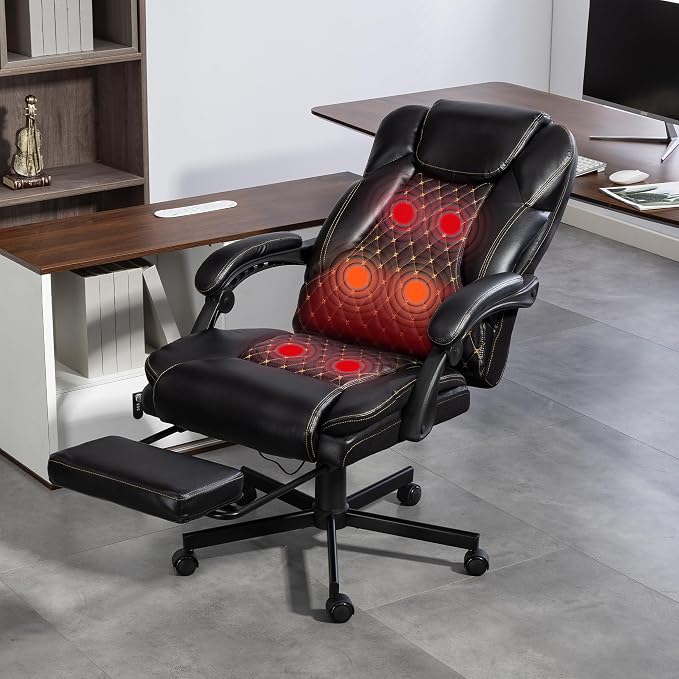 Heated Massage Executive Office Desk Chair with Footrest - Black | 6 Points Vibration Massage System, 5 Massage Modes, 3 Target Areas (Back,Lumbar,Seat), Reclining 90°-135°