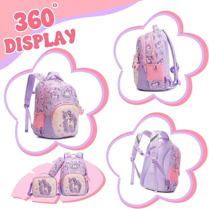 Kids Backpacks for Girls,School Backpack for Girls with Lunch Box Set Cute Unicorn Kids Bookbag for Girl Lightweight Travel Daypack Birthday Christmas for Girl