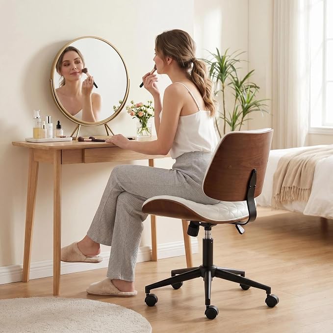 Furnimart Wooden Armless Desk Chair with Wheels, 360° Swivel Faux Leather Vanity Chair for Bedroom, Small Office Computer Task Chair for Home & Compact Spaces (PU White)