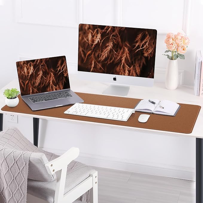 AFIING Leather Desk Pad Protector, Large Desk Mat with Natural Cork & PU Leather, Mouse Pad, Non-Slip Waterproof Desk Writing Pad for Office and Home (Brown)