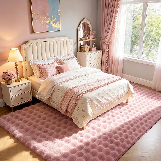 Dusty Rose Rabbit Plush Rug 6'x9', Fluffy Faux Fur Shaggy Area Rug for Nursery, Kids Room Decor, Soft Fuzzy Carpet for Living Room, Bedroom, Teen Girls Room