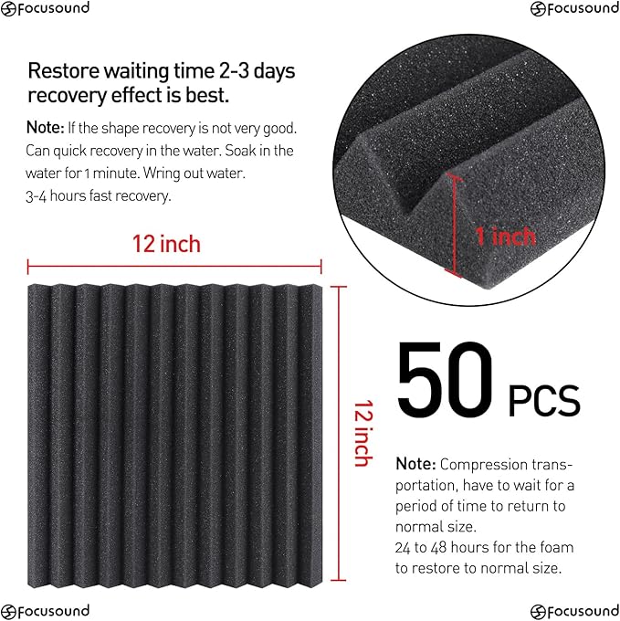 Focusound 50 Pack Acoustic Foam Panels 1" x 12" x 12" Sound Proof Foam Panles Soundproofing Noise Cancelling Wedge Panels for Home Office Recoding Studio with 300PCS Double-Side Adhesive