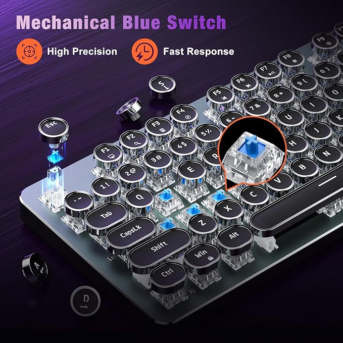 RisoPhy Typewriter Style Mechanical Gaming Keyboard, Metal Panel, Retro Punk Round Keycaps, Clicky Blue Switch, Rainbow LED Backlit, 104 Keys Wired Keyboard, Round Keycaps for PC Laptop Mac Gamer