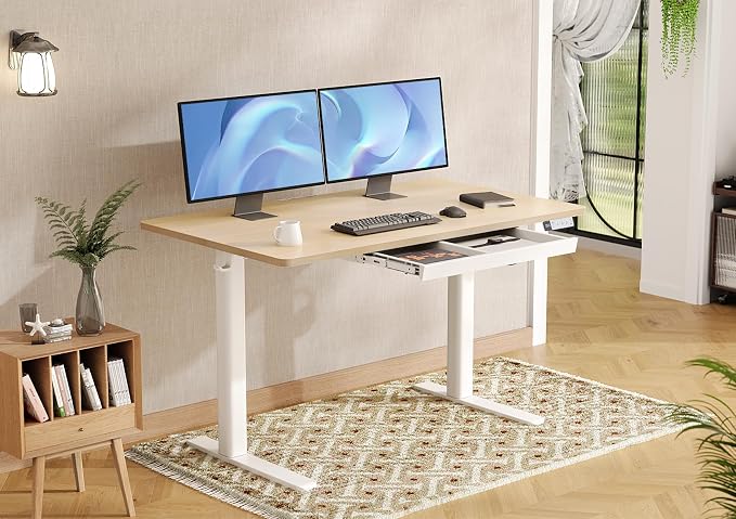 Claiks Electric Standing Desk with Drawers 48 x 24 Inch Natural | Sturdy steel frame supports 176 Lbs, Waterproof desktop with wire holes, 25.6 x 11.8 Inch plastic drawer fits 14 Inch laptop