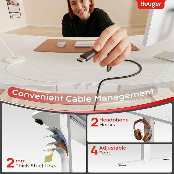Huuger 63 X 24 Inch Electric Standing Desk with Power Outlets and USB-C Port, Height Adjustable Desk, Sit Stand Desk for Home Office, Computer & Gaming Desk with 4 Presets, Stable Steel Frame, White